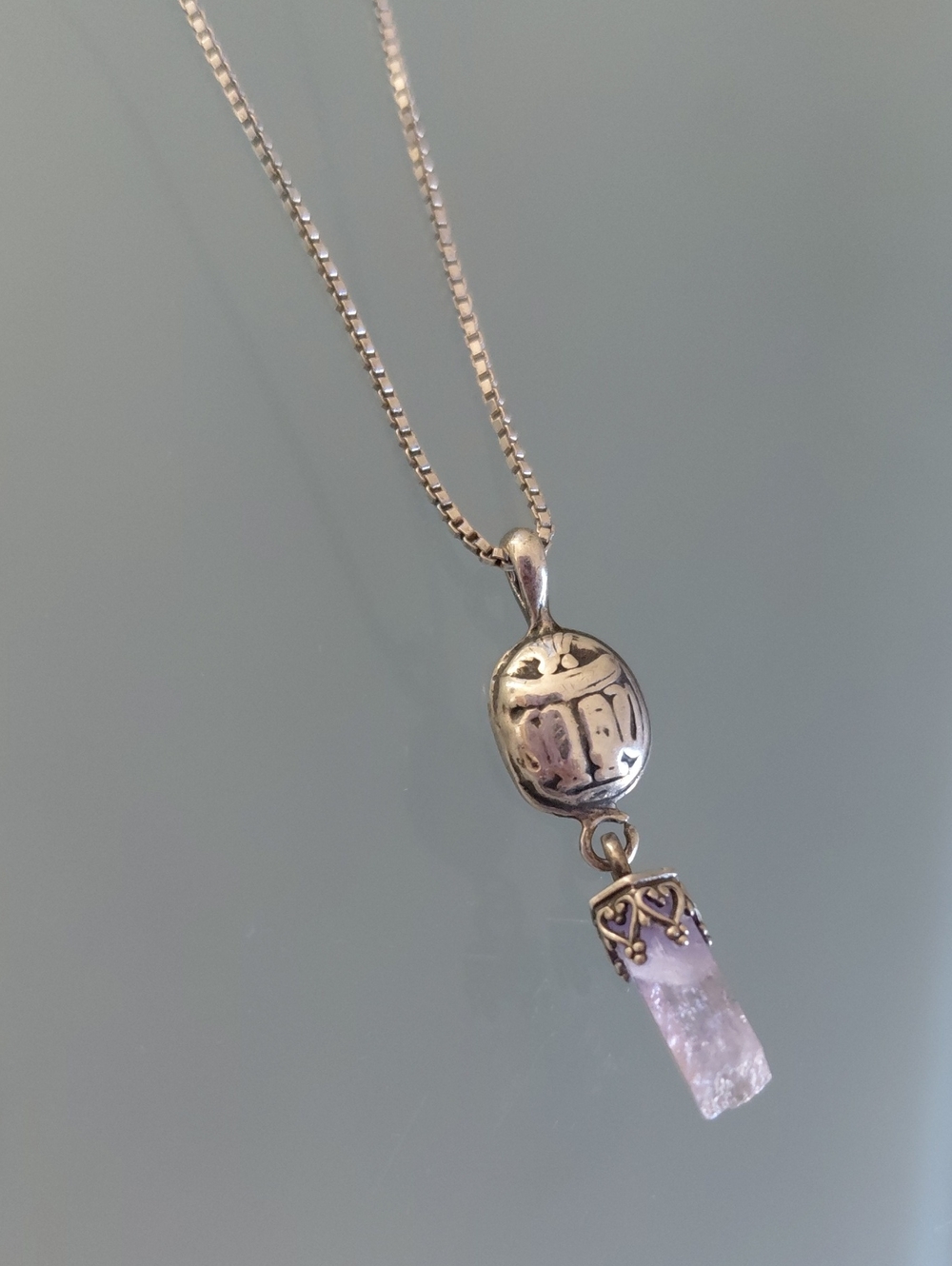 Vintage 925 Italy Silver Box Chain Beetle Scarab Amethyst Pendant Necklace 20"